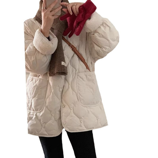 Collarless Fleece Lightweight Korean-style Loose Diamond-pattern Warm Cotton Jacket