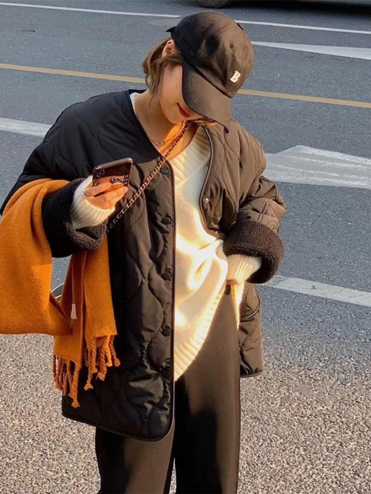 Collarless Fleece Lightweight Korean-style Loose Diamond-pattern Warm Cotton Jacket